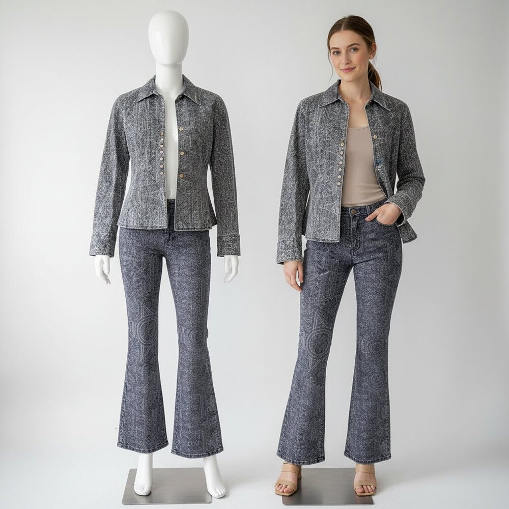 Vertigo Paris Designer Denim Jacket & Flared Pants Set – Grey Metallic Size M